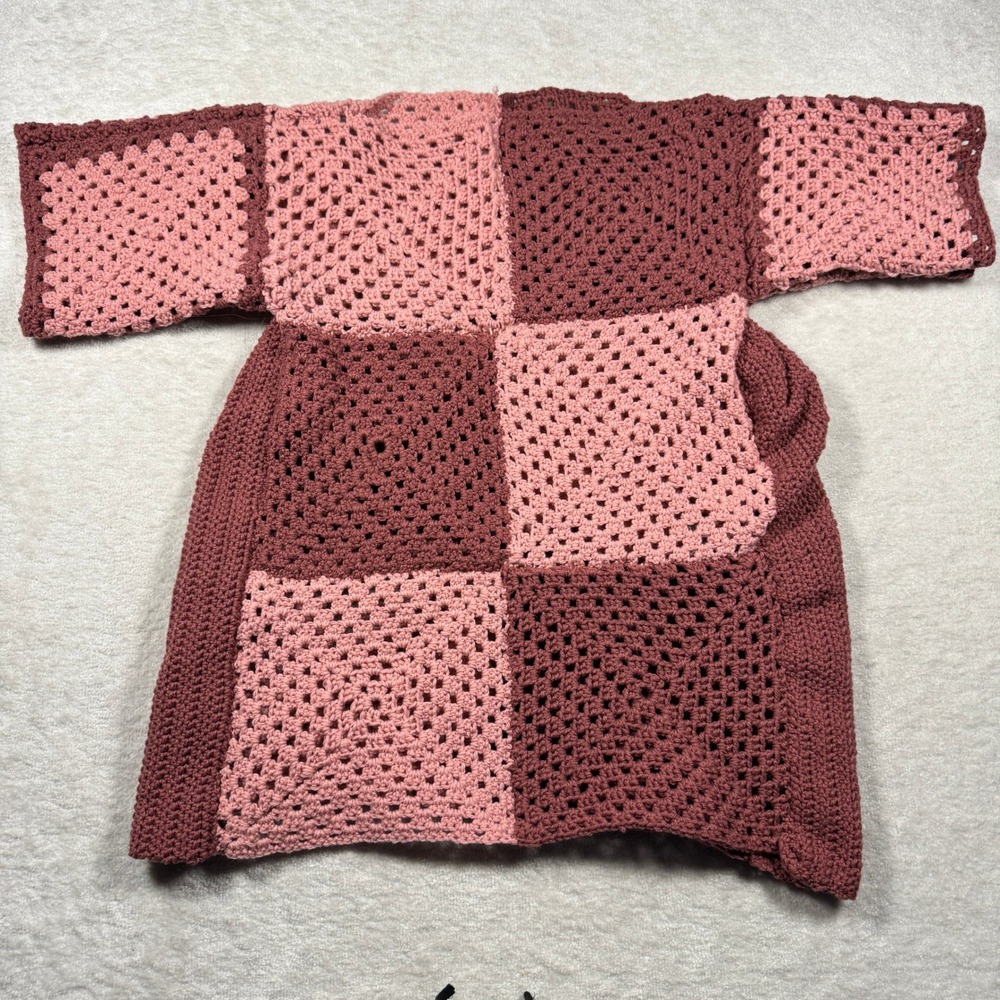 Handmade Crochet Granny Square Patchwork Sweater Dress Mauve Pink Oversized Boho